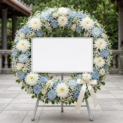 พวงหรีดชุด228 โทนขาวครีมฟ้า